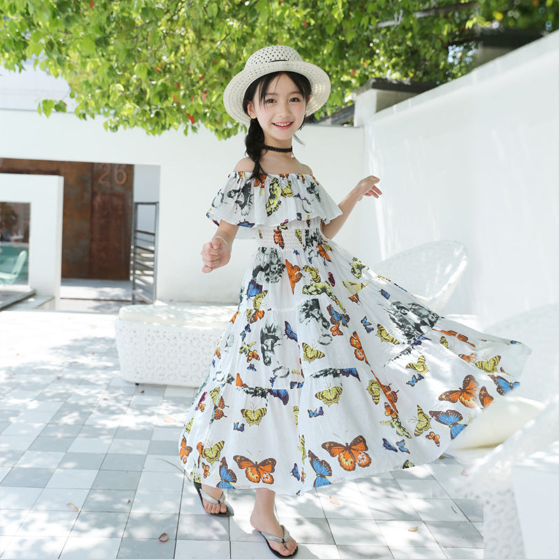 2024 new style for middle and large children girls Korean style waist floral butterfly holiday cotton dress Bohemian long skirt