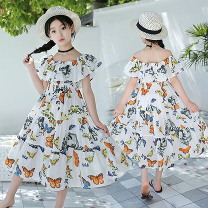 2024 new style for middle and large children girls Korean style waist floral butterfly holiday cotton dress Bohemian long skirt