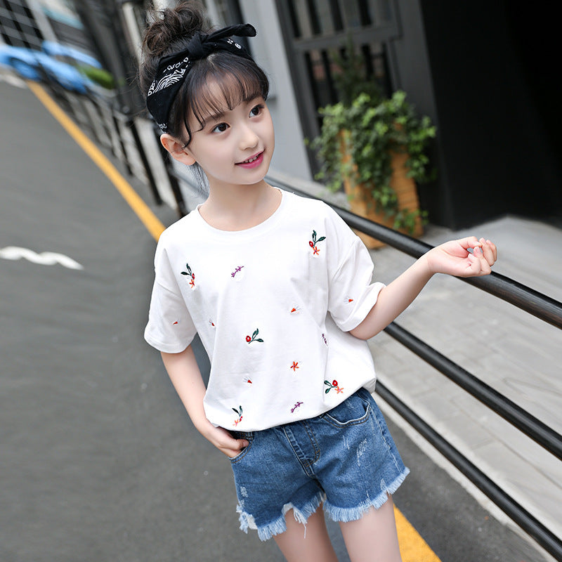 Girls short-sleeved T-shirt 2024 new summer clothes for children, middle and large children, fashionable T-shirt pullover knitted cotton sweater tops