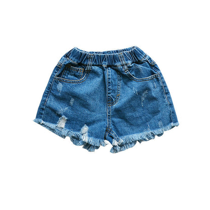 Girls denim shorts 2024 new summer wear children's hot pants half pants five-point fashionable jeans