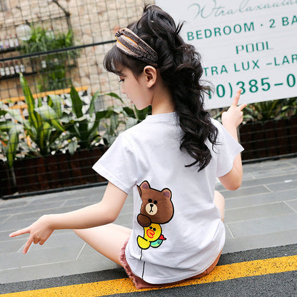 Girls short-sleeved T-shirt 2024 new summer clothes for children, middle and large children, fashionable T-shirt pullover knitted cotton sweater tops