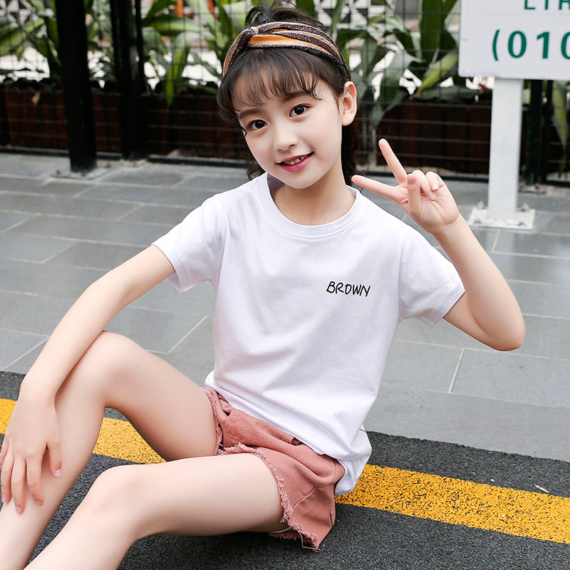 Girls short-sleeved T-shirt 2024 new summer clothes for children, middle and large children, fashionable T-shirt pullover knitted cotton sweater tops