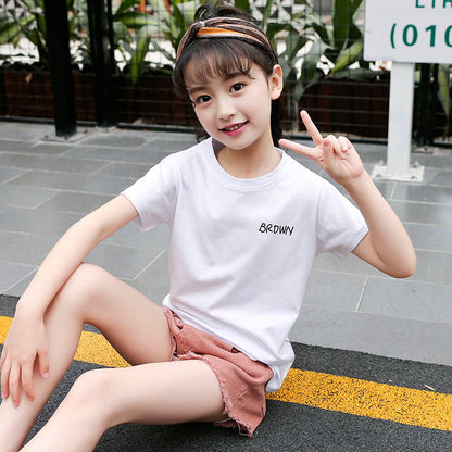 Girls short-sleeved T-shirt 2024 new summer clothes for children, middle and large children, fashionable T-shirt pullover knitted cotton sweater tops