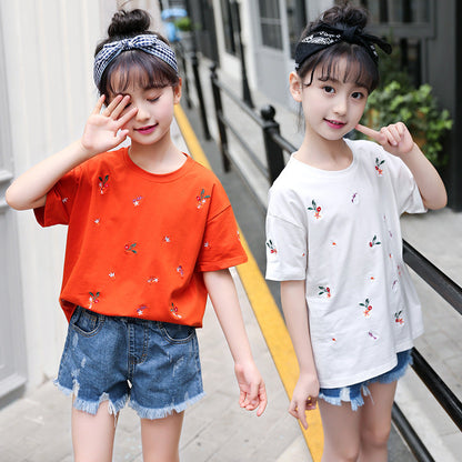 Girls short-sleeved T-shirt 2024 new summer clothes for children, middle and large children, fashionable T-shirt pullover knitted cotton sweater tops