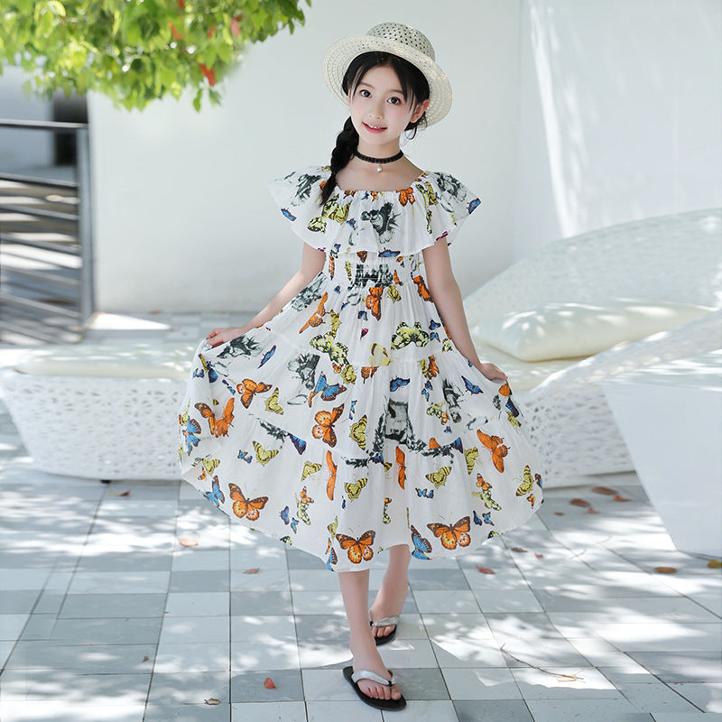 2024 new style for middle and large children girls Korean style waist floral butterfly holiday cotton dress Bohemian long skirt