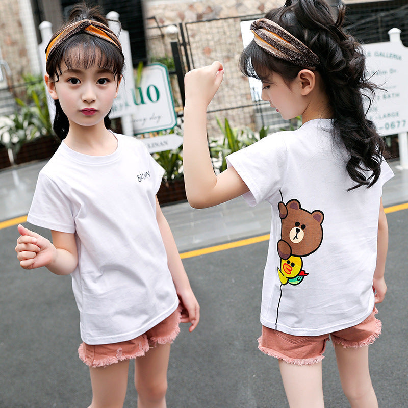 Girls short-sleeved T-shirt 2024 new summer clothes for children, middle and large children, fashionable T-shirt pullover knitted cotton sweater tops