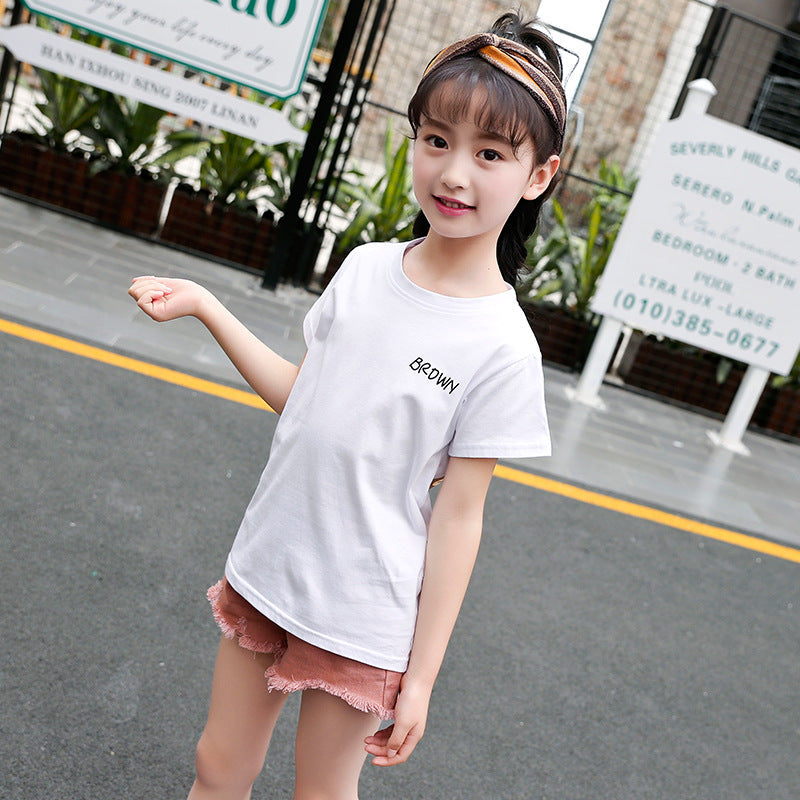 Girls short-sleeved T-shirt 2024 new summer clothes for children, middle and large children, fashionable T-shirt pullover knitted cotton sweater tops