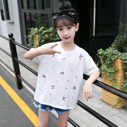 Girls short-sleeved T-shirt 2024 new summer clothes for children, middle and large children, fashionable T-shirt pullover knitted cotton sweater tops