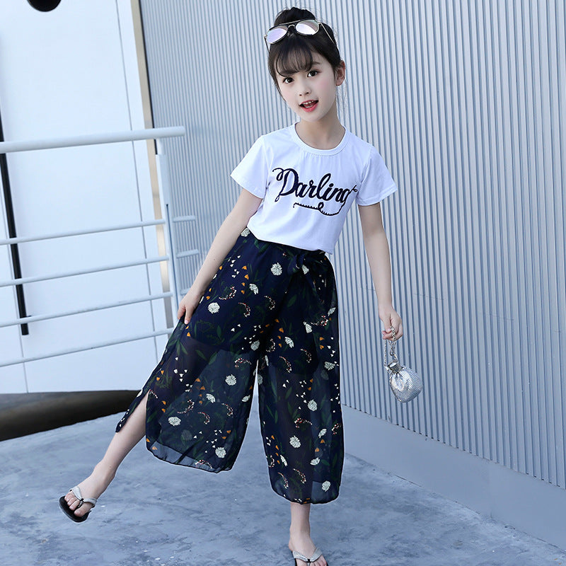 Girls wide-leg pants suit 2024 new summer clothes stylish children's chiffon two-piece mosquito-proof pants fashionable