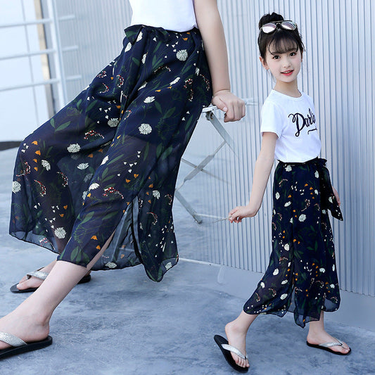 Girls wide-leg pants suit 2024 new summer clothes stylish children's chiffon two-piece mosquito-proof pants fashionable