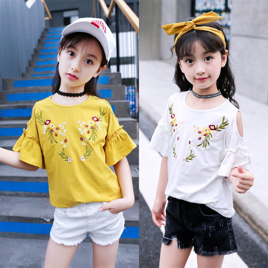 Girls short-sleeved T-shirt 2024 new summer cotton off-shoulder tops for children, middle and large children, fashionable half-sleeved T-shirt sweatshirt