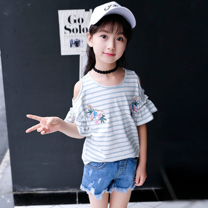 Girls short-sleeved T-shirt 2024 new summer clothes for children, middle and large children, fashionable T-shirt pullover knitted cotton sweater tops