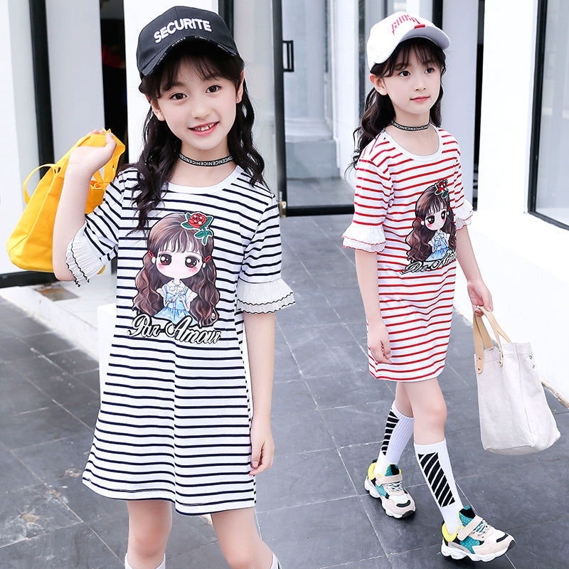 Girls T-shirt 2024 new summer children's short-sleeved T-shirt medium and large children's striped bottoming shirt girl cartoon pullover