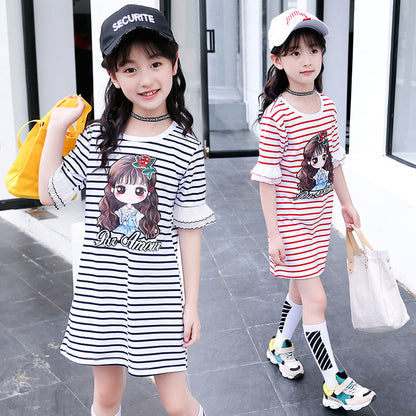 Girls T-shirt 2024 new summer children's short-sleeved T-shirt medium and large children's striped bottoming shirt girl cartoon pullover