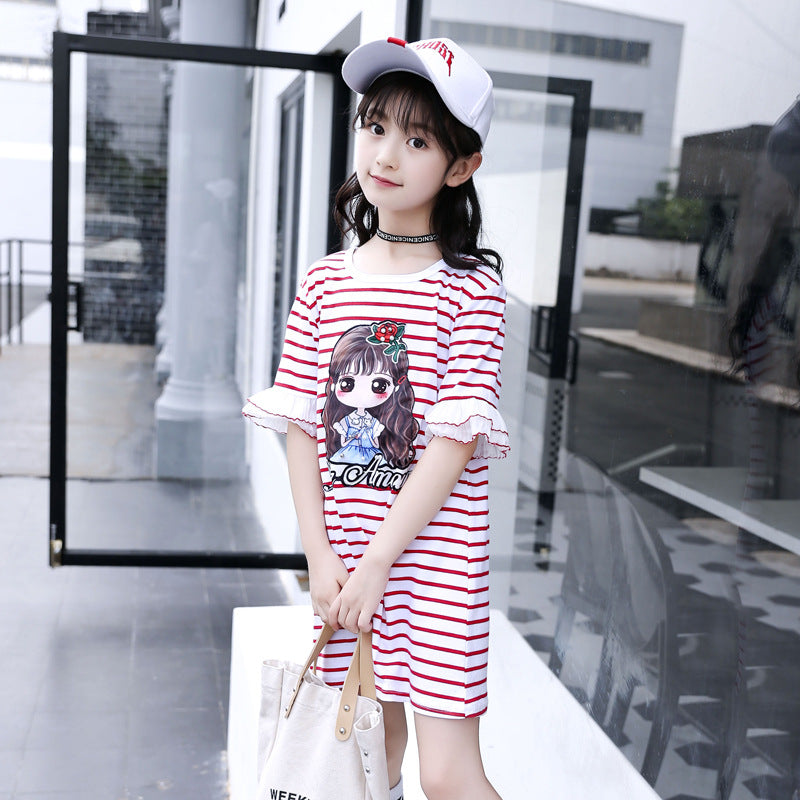 Girls T-shirt 2024 new summer children's short-sleeved T-shirt medium and large children's striped bottoming shirt girl cartoon pullover