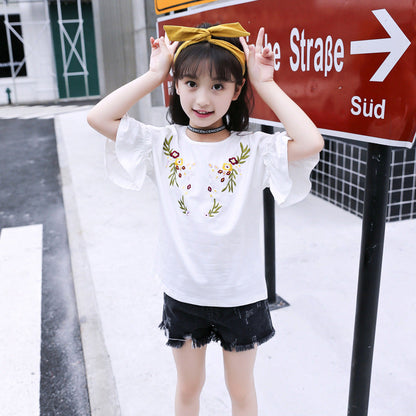 Girls short-sleeved T-shirt 2024 new summer cotton off-shoulder tops for children, middle and large children, fashionable half-sleeved T-shirt sweatshirt