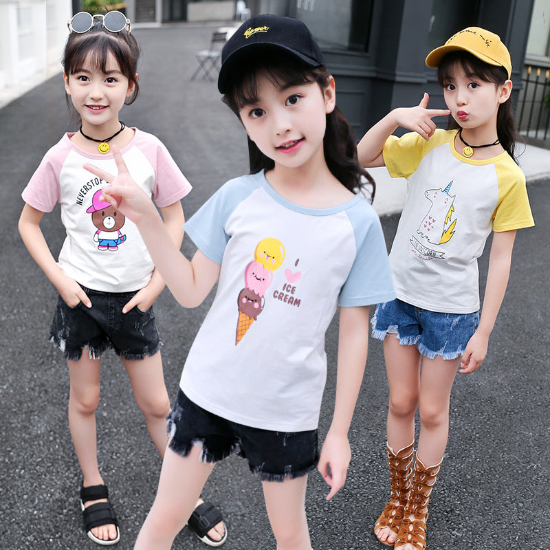 Girls short-sleeved T-shirt 2024 new summer clothes for children, middle and large children, fashionable T-shirt pullover knitted cotton sweater tops