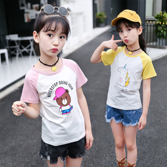 Girls short-sleeved T-shirt 2024 new summer clothes for children, middle and large children, fashionable T-shirt pullover knitted cotton sweater tops