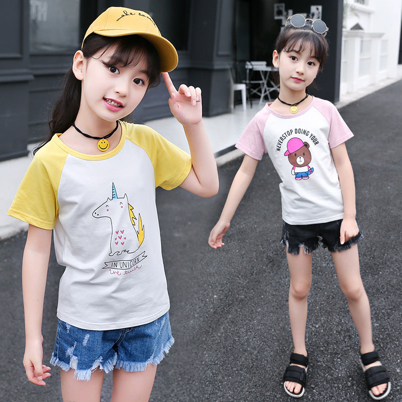 Girls short-sleeved T-shirt 2024 new summer clothes for children, middle and large children, fashionable T-shirt pullover knitted cotton sweater tops