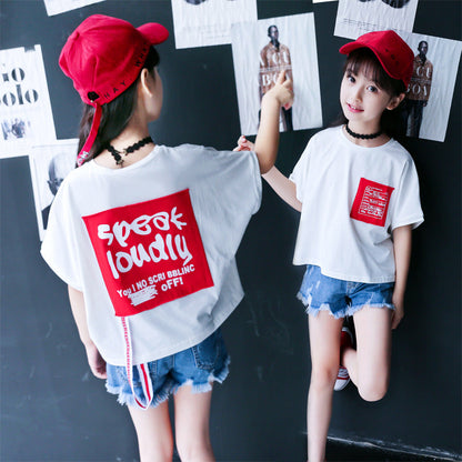 Girls T-shirt 2024 new summer pure cotton short-sleeved children's medium and large children's printed Korean style tops Western style shirt