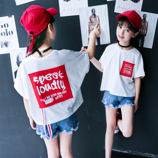 Girls T-shirt 2024 new summer pure cotton short-sleeved children's medium and large children's printed Korean style tops Western style shirt