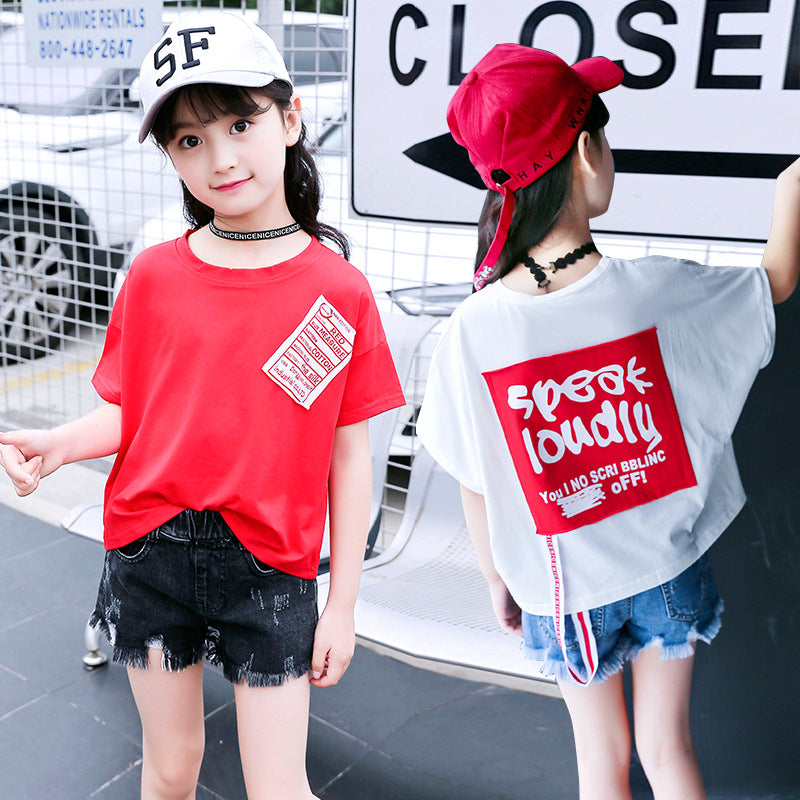 Girls T-shirt 2024 new summer pure cotton short-sleeved children's medium and large children's printed Korean style tops Western style shirt