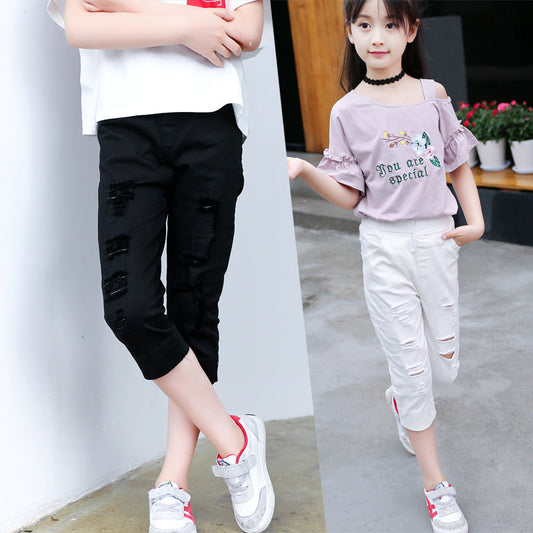 Girls pants 2024 new summer cotton cropped pants stylish children's middle and large children's fashion breeches mid-length pants half pants