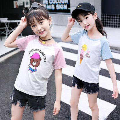 Girls short-sleeved T-shirt 2024 new summer clothes for children, middle and large children, fashionable T-shirt pullover knitted cotton sweater tops