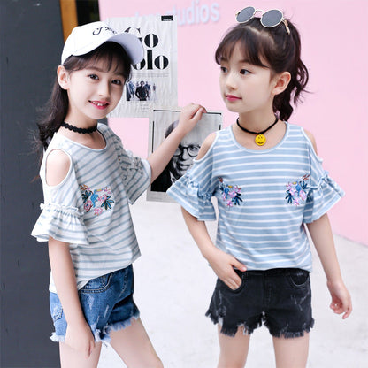 Girls short-sleeved T-shirt 2024 new summer clothes for children, middle and large children, fashionable T-shirt pullover knitted cotton sweater tops