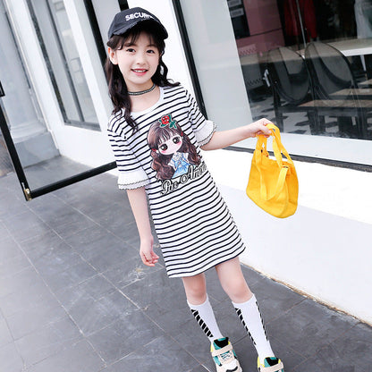 Girls T-shirt 2024 new summer children's short-sleeved T-shirt medium and large children's striped bottoming shirt girl cartoon pullover