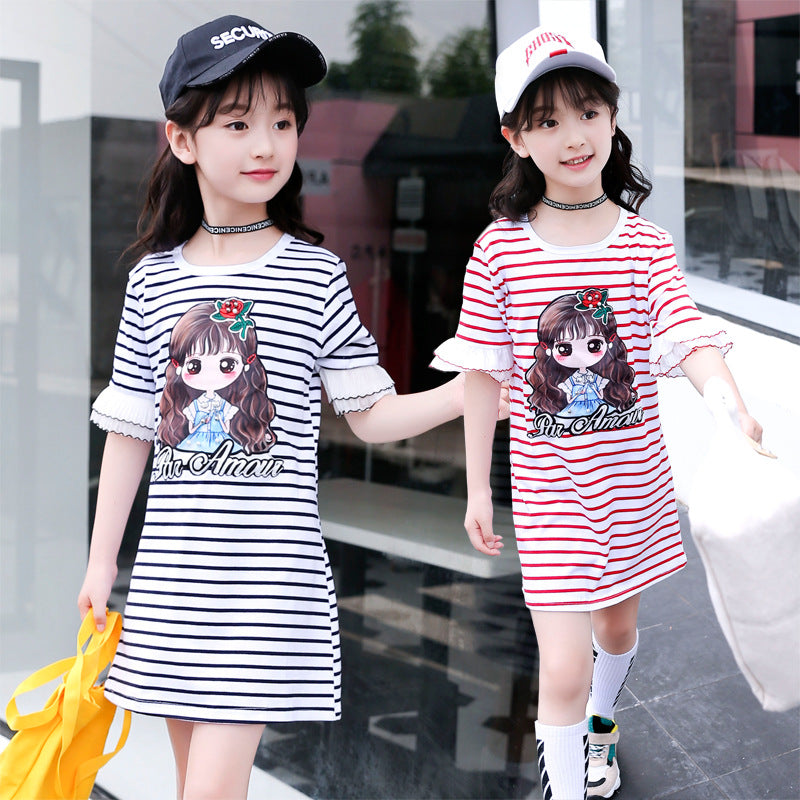 Girls T-shirt 2024 new summer children's short-sleeved T-shirt medium and large children's striped bottoming shirt girl cartoon pullover