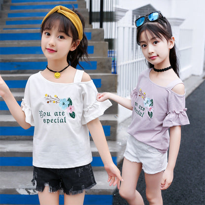 Girls short-sleeved T-shirt 2024 new summer tops for middle and large children's stylish children's T-shirt cotton half-sleeved off-shoulder shirt