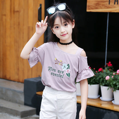 Girls short-sleeved T-shirt 2024 new summer tops for middle and large children's stylish children's T-shirt cotton half-sleeved off-shoulder shirt