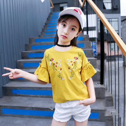 Girls short-sleeved T-shirt 2024 new summer cotton off-shoulder tops for children, middle and large children, fashionable half-sleeved T-shirt sweatshirt