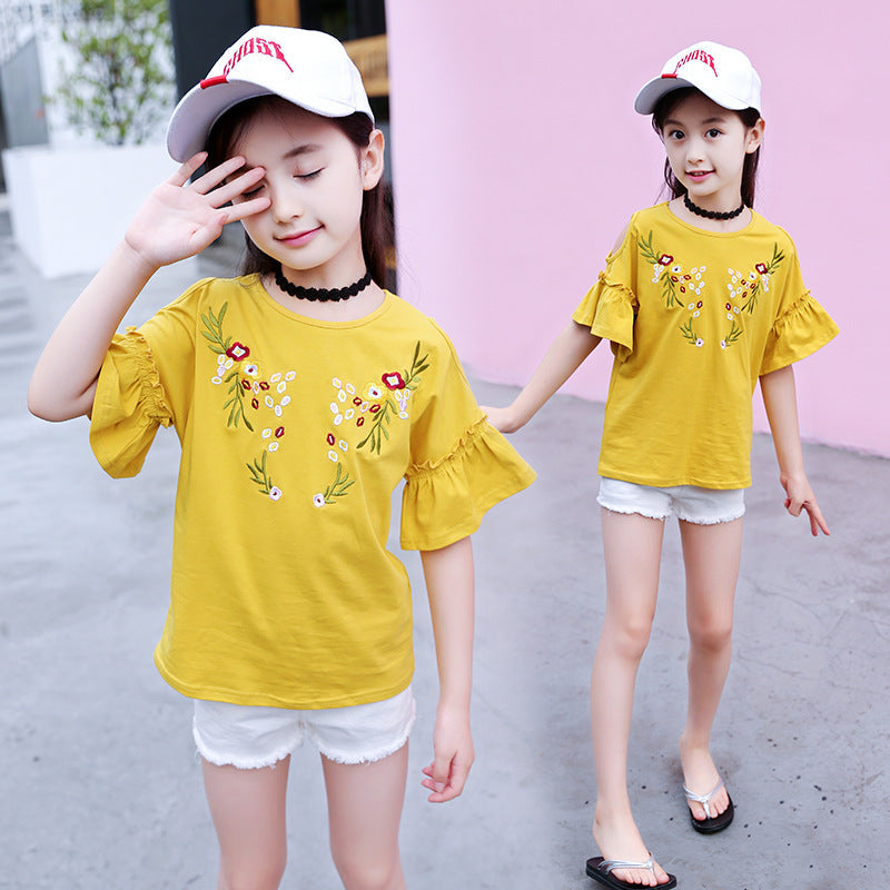 Girls short-sleeved T-shirt 2024 new summer cotton off-shoulder tops for children, middle and large children, fashionable half-sleeved T-shirt sweatshirt