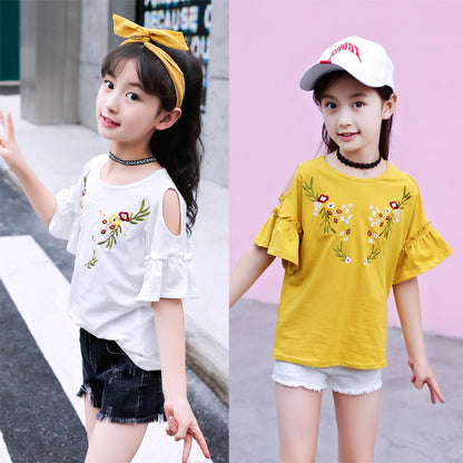 Girls short-sleeved T-shirt 2024 new summer cotton off-shoulder tops for children, middle and large children, fashionable half-sleeved T-shirt sweatshirt