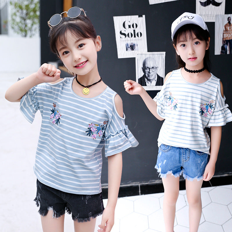 Girls short-sleeved T-shirt 2024 new summer clothes for children, middle and large children, fashionable T-shirt pullover knitted cotton sweater tops