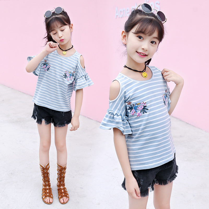 Girls short-sleeved T-shirt 2024 new summer clothes for children, middle and large children, fashionable T-shirt pullover knitted cotton sweater tops