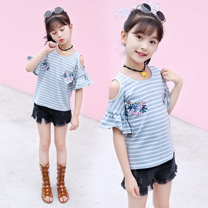 Girls short-sleeved T-shirt 2024 new summer clothes for children, middle and large children, fashionable T-shirt pullover knitted cotton sweater tops