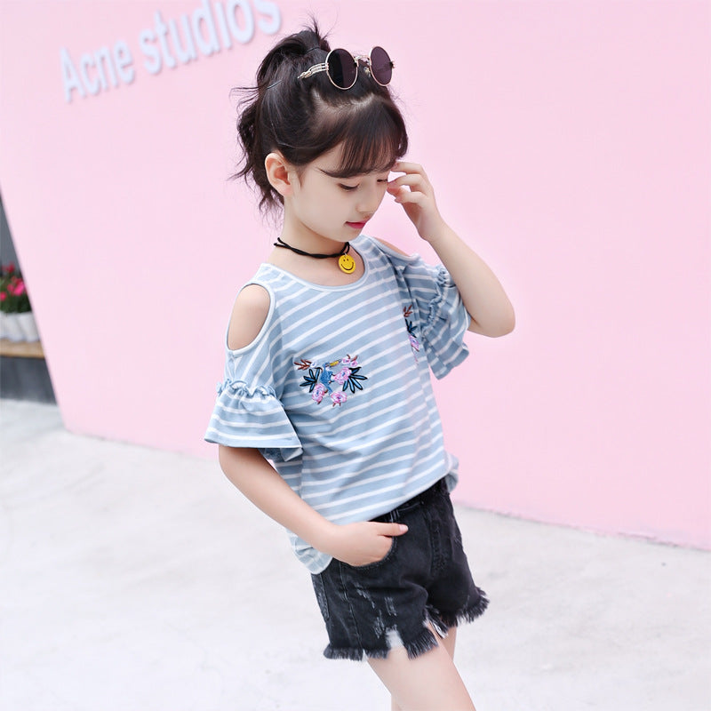 Girls short-sleeved T-shirt 2024 new summer clothes for children, middle and large children, fashionable T-shirt pullover knitted cotton sweater tops