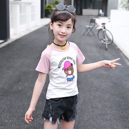 Girls short-sleeved T-shirt 2024 new summer clothes for children, middle and large children, fashionable T-shirt pullover knitted cotton sweater tops