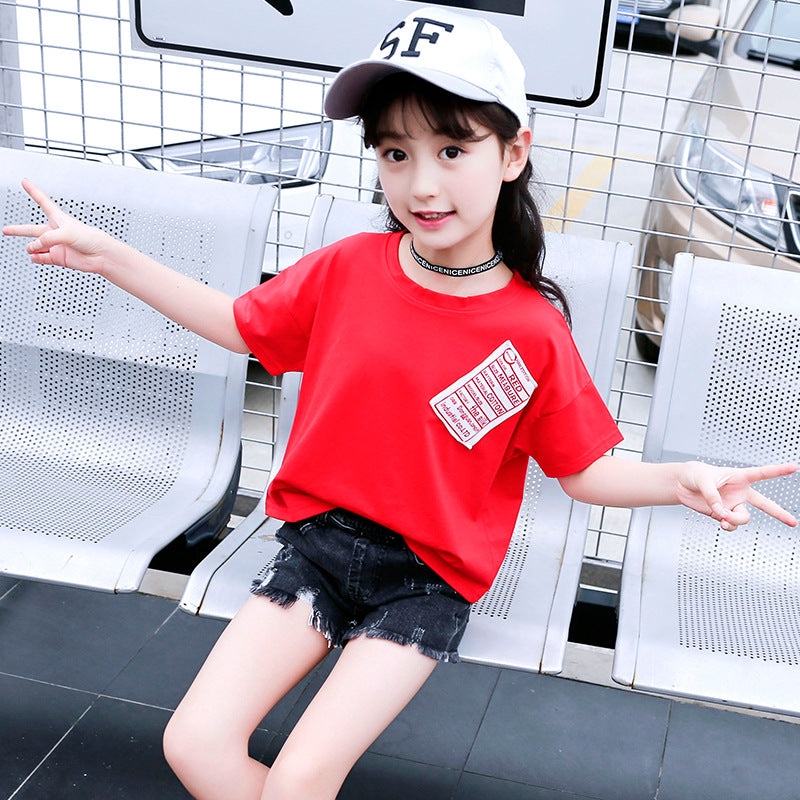 Girls T-shirt 2024 new summer pure cotton short-sleeved children's medium and large children's printed Korean style tops Western style shirt