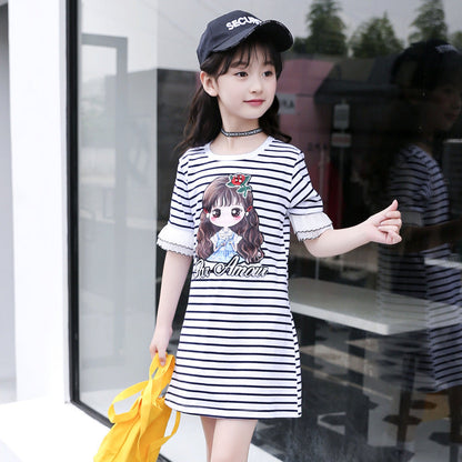 Girls T-shirt 2024 new summer children's short-sleeved T-shirt medium and large children's striped bottoming shirt girl cartoon pullover