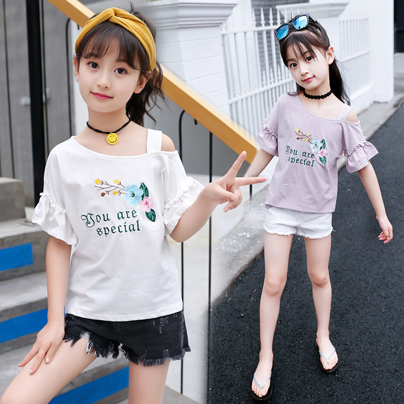 Girls short-sleeved T-shirt 2024 new summer tops for middle and large children's stylish children's T-shirt cotton half-sleeved off-shoulder shirt