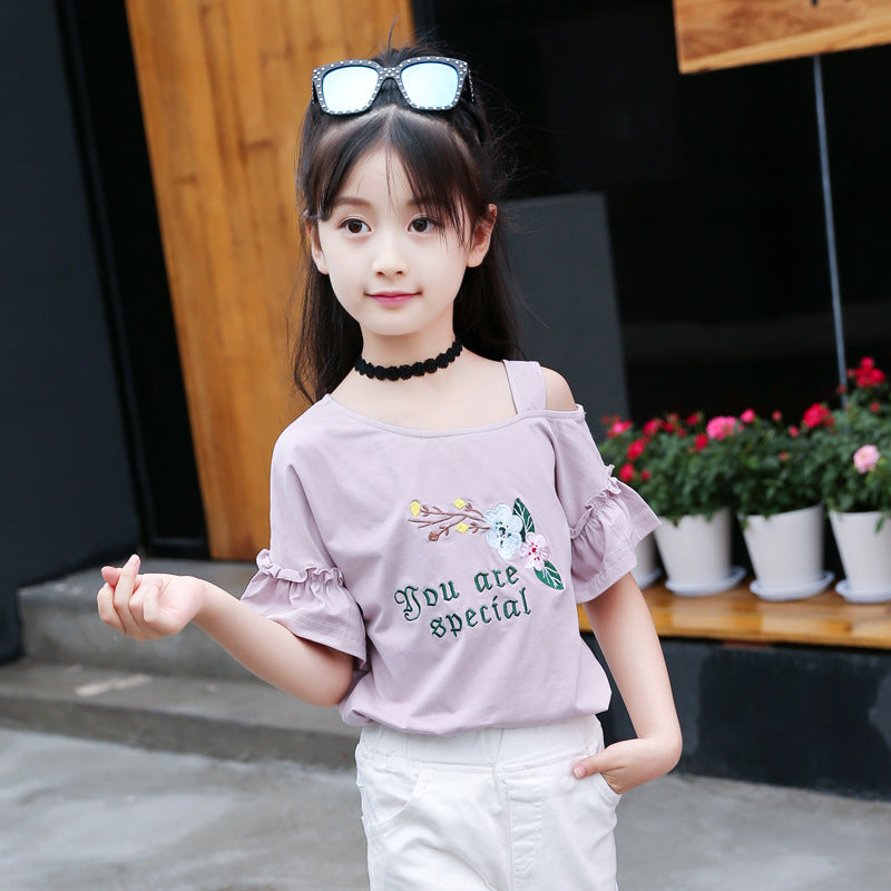 Girls short-sleeved T-shirt 2024 new summer tops for middle and large children's stylish children's T-shirt cotton half-sleeved off-shoulder shirt