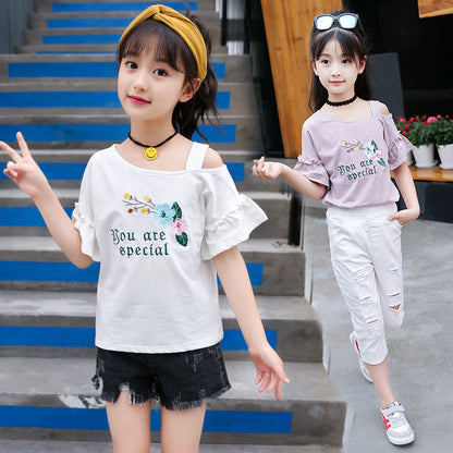 Girls short-sleeved T-shirt 2024 new summer tops for middle and large children's stylish children's T-shirt cotton half-sleeved off-shoulder shirt