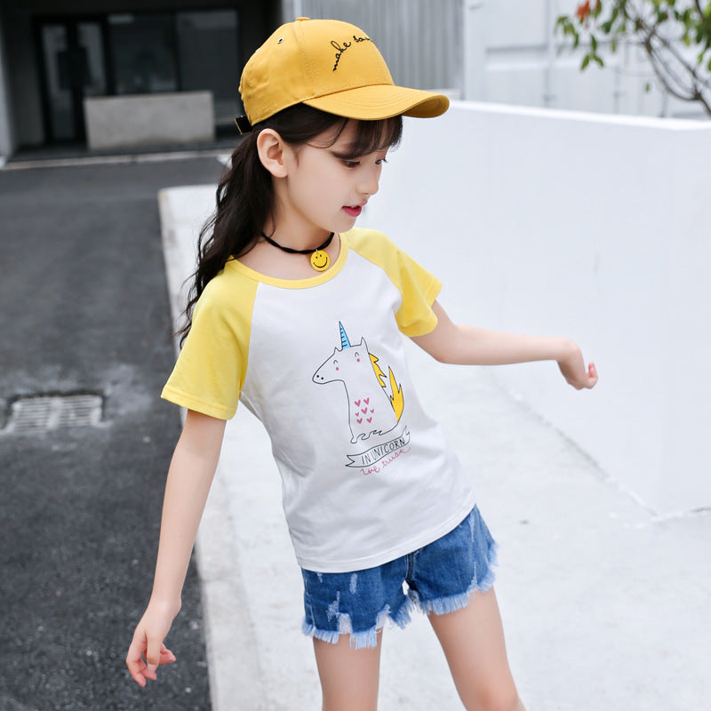 Girls short-sleeved T-shirt 2024 new summer clothes for children, middle and large children, fashionable T-shirt pullover knitted cotton sweater tops