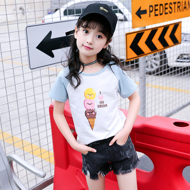 Girls short-sleeved T-shirt 2024 new summer clothes for children, middle and large children, fashionable T-shirt pullover knitted cotton sweater tops