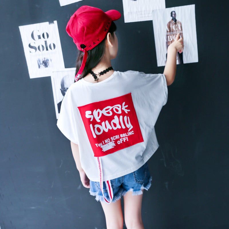 Girls T-shirt 2024 new summer pure cotton short-sleeved children's medium and large children's printed Korean style tops Western style shirt