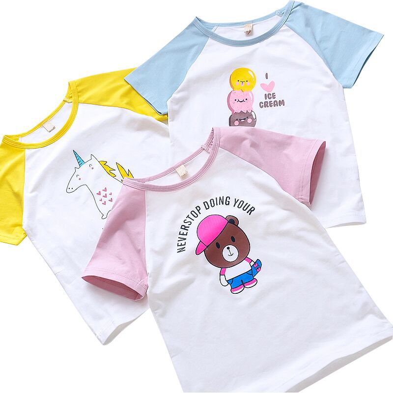 Girls short-sleeved T-shirt 2024 new summer clothes for children, middle and large children, fashionable T-shirt pullover knitted cotton sweater tops